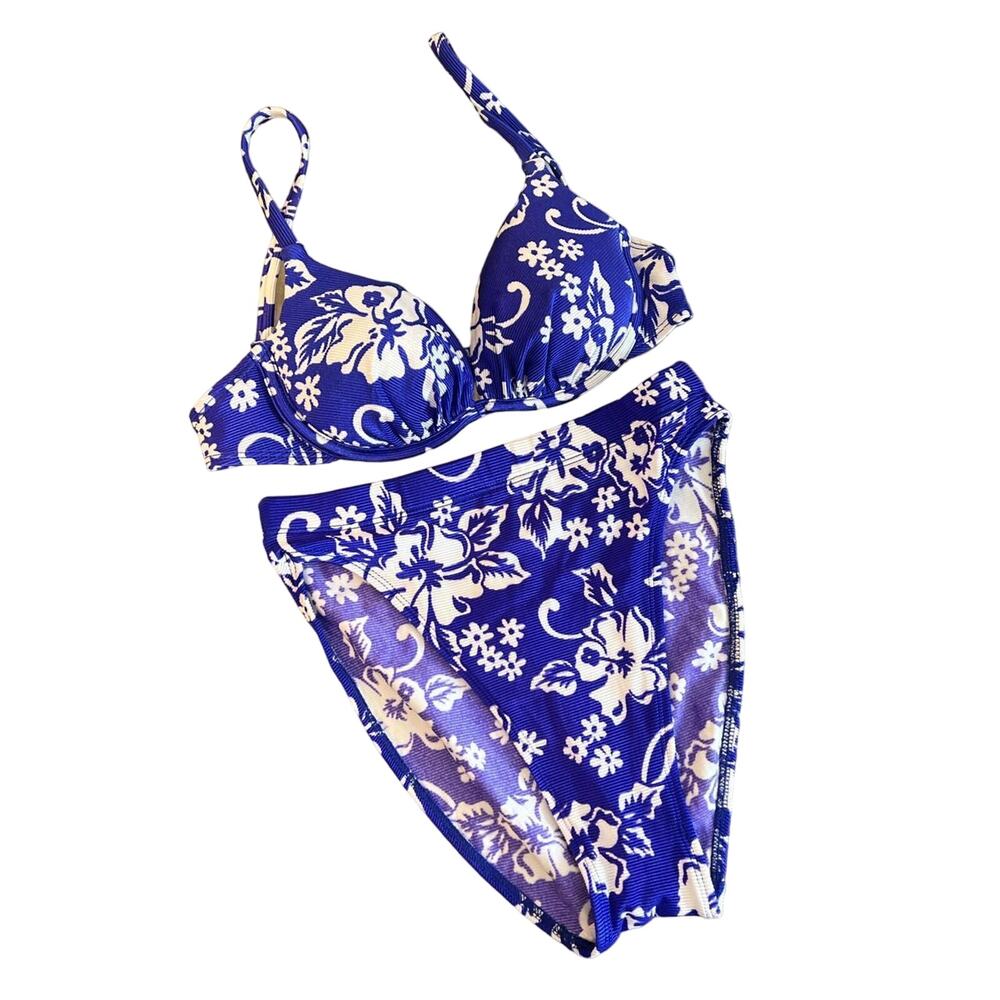 Vintage 1990s deadstock blue hibiscus high waisted bikini